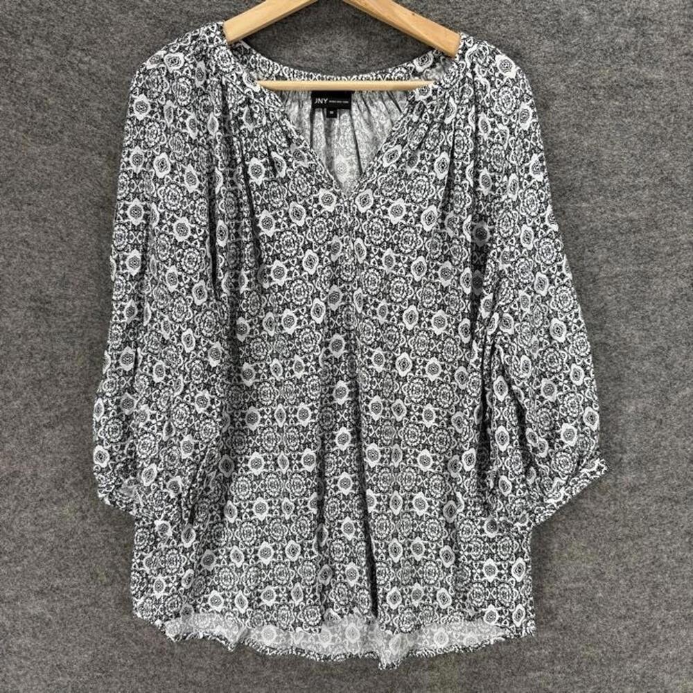 Jones New York Blouse Women 1X Plus Gray Geometric V-Neck 3/4 Sleeve Rayon